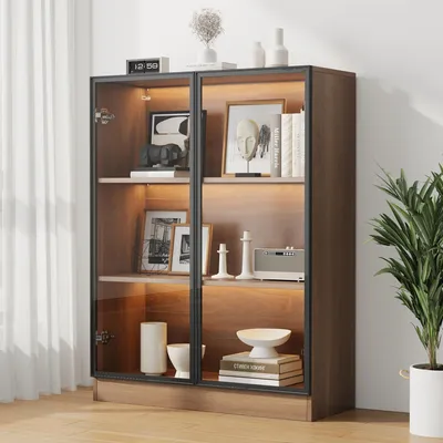A glass-fronted cabinet with interior lighting, displaying decorative items and books.