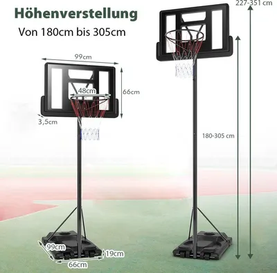 Obrázok produktu pre Basketbalový stojan 180-305 cm výškovo nastaviteľný basketbalový kôš so stojanom a systémom 2 koliesok pre deti