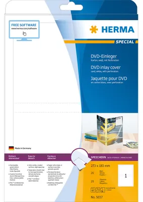 Image de HERMA Feuilles d'insertion pour DVD A4 blanches 273 x 183 mm, carton non adhésif, 25 pièces