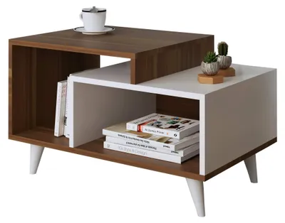 Image de Table basse HOMIDEA Sage avec tablette – Table de salon moderne (blanc brillant/noyer mat)