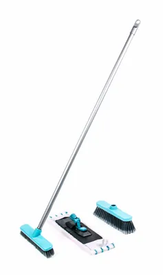 Produktbild von Bodenpflege-Set von Lifetime Clean mit Wischmopphalter, Wischmop, Besen, Schrubber und Metall-Stiel, 5-teilig, Farbe Blau