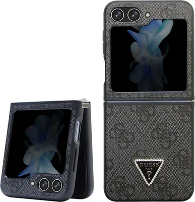 A product shot of a black Guess flip phone case with the Guess logo.