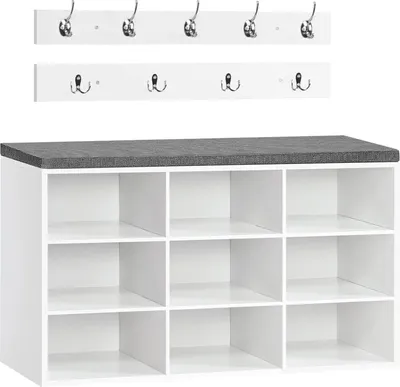 Produktbild von HOOBRO Garderobe Schuhregal Set mit Sitzbank und 9 Haken Weiß Grau