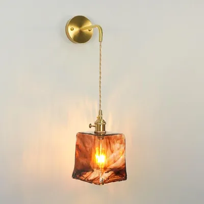 Vintage Wandlampe Amberglas E27 mit Schalter, 23 cm, Gold
