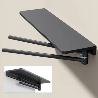 Produktbild von doporro Handtuchhalter Wand mit Ablage, Badezimmer Organizer zum Bohren, 180° schwenkbarer Handtuchstange 2-armig,Badezimmerregal,  Grau Reglo-19