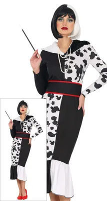 Produktbild von 50s Schurkin Halloween Kostuem Schwarz Weiss Rotes Accessoire, Größe: 42 - 44 (L) Farbe: Weiß / Schwarz