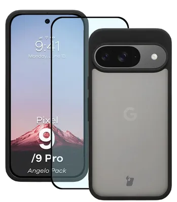 Produktbild von Schutzhülle + gehärtetem Glas für Google Pixel 9 / 9 Pro, Bizon Angelo Pack, Getönte mit schwarzem Rahmen