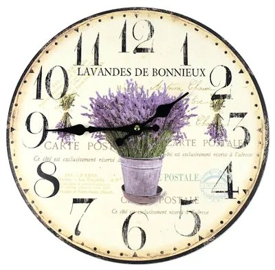 Zdjęcie produktu dla Zegar ścienny zegar dekoracyjny zegar kuchenny zegar kwarcowy vintage retro dekoracyjny salon Ø 34 cm kwiaty lawendy w doniczce z lawendą