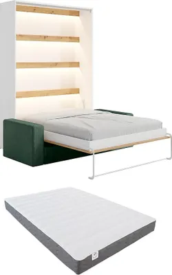 Produktbild von Schrankbett 140 x 200 cm - Manuelle vertikale Öffnung - Mit LEDs - Weiß und Naturfarben + Matratze + Grünes Sofa - RAPILI