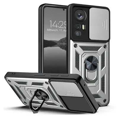 A phone case with a built-in ring stand and camera cover is displayed from multiple angles.