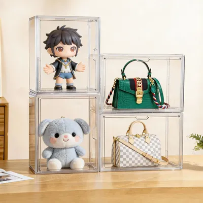 Image de 4 boîtes magnétiques pour organisateur de sacs à main, vitrine en acrylique, présentoir, boîte d'exposition de 36x22x27 cm, empilable, boîte de rangement pour sacs, figurines, jouets