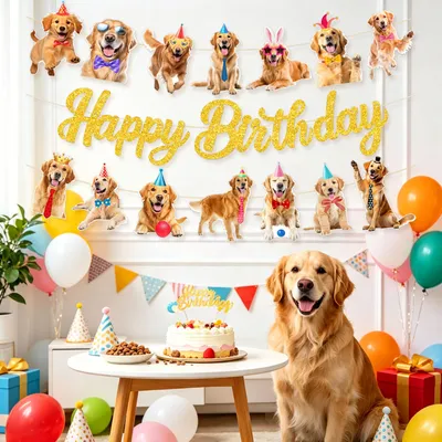 Golden Retriever Geburtstagsbanner mit Happy Birthday Schriftzug