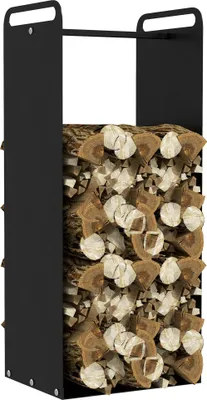 A black metal firewood rack filled with logs.