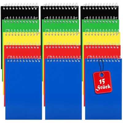 Image de 15 blocs-notes à spirale format A6, 12,7 x 7,6 cm, quadrillés, 5 couleurs, 75 feuilles par bloc