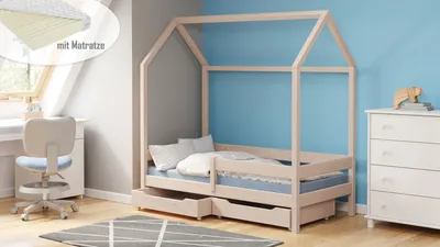 Produktbild von Hausbett Melania 160x80 Kinderbett mit Rausfallschutz & Lattenrost gebleicht 80 x 160 für Mädchen und Jungen Massivholz Kiefer, ohne Matratze, mit Schubladen