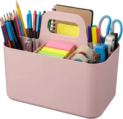 Immagine prodotto di Cesto portaoggetti con maniglia, dimensioni 24,5 x 15,5 x 17,5 cm, 5 scomparti, impilabile, colore rosa, ideale per il bagno