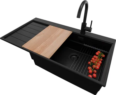 Produktbild von PRIMAGRAN Granitspüle Alles Schwarz 90x50cm, Spülbecken 1 Becken + Ablauf-Set + Küchenzubehörset, Küchenspüle ab 60er Unterschrank - Sydney