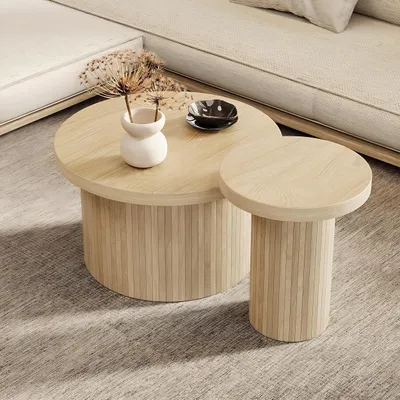 Immagine prodotto di Abrihome set di 2 tavolini rotondi da salotto tavolo-66x40+40x46cm (Ø x H) con doghe in legno naturale, natura