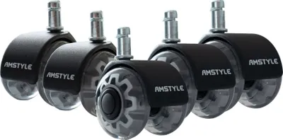 A set of five black and transparent office chair casters with silver metal stems.