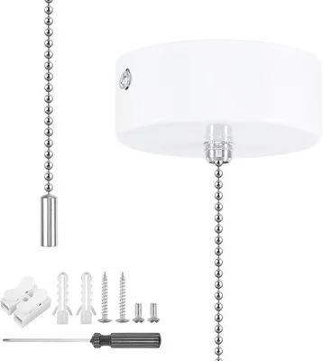 Image de Cordon depour salle de bains avec interrupteur chromé, interrupteur à tirette avec maillon de chaîne et kit de montage - Blanc