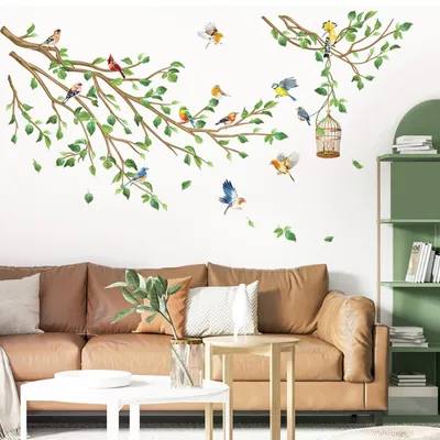 Produktbild von Wanddekoration – Wandsticker – Dekorative Aufkleber – Grün – Vögel auf einem Ast – Geeignet für Schlafzimmer und Wohnzimmer – Mehrfarbig