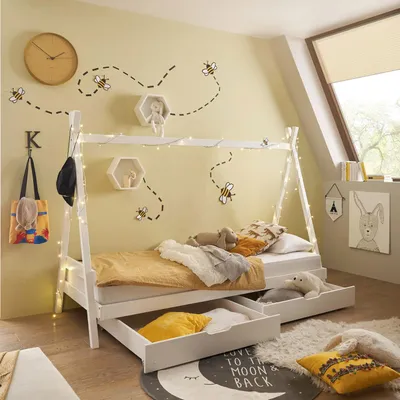 Produktbild von Kinderbett Sora mit Bettkästen Kiefer massiv weiß Zeltbett Liegefläche 90x200cm