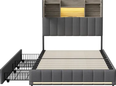 Image de Fortuna Lai Lit rembourré 90x200cm avec USB, prises de courant et LED, lit d'adolescent lit simple avec 4 tiroirs, lit de rangement lit en bois massif avec sommier à lattes, lin, gris