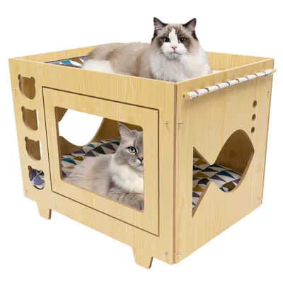 Produktbild von GreatDEshop2021 Katzenhaus, 40x44x55cm, MDF Leinen PP Holz, Beige, Modern, Geräumig, Bären- und Fischförmige Löcher
