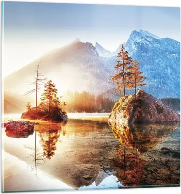 Produktbild von Bilder auf glas - Einteilig - Morgendämmerung Berge See - 60x60cm - Glasbilder - Wandbilder - Bilder - zum Aufhängen bereit - Wanddekoration aus Glas - Glas Bilder - Wandbild auf Glas - GAC60x60-4617
