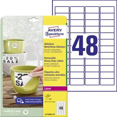Produktbild von Avery Zweckform L4778REV-20 Wetterfeste Etiketten, ablösbar, 45,7 x 21,2 mm, 20 Bogen/960 Etiketten, weiß