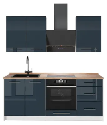 Produktbild von Singleküche Vicco Fame-Line Dunkelblau Hochglanz/Weiß 190 cm, AP Eiche, Model 64917
