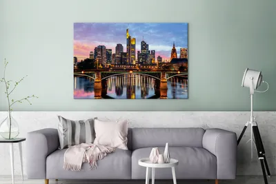 Produktbild von OneMillionCanvasses® - Leinwandbilder - 140x90 cm, Frankfurt am Main Skyline in Deutschland in der Abenddämmerung, Wandbilder Kunstdruck Wanddekoration - Foto auf Leinwand - Gemälde
