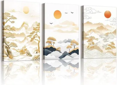 Productafbeelding van Famanu Wanddecoratieset Landschap – 3 delen (30x40 cm) – Zonsondergang met bergen en wolken