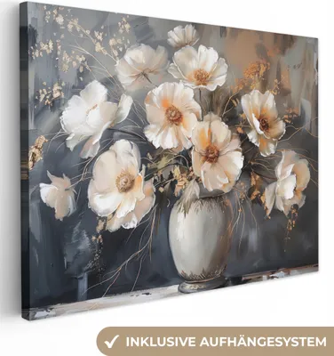 Produktbild von MuchoWow® - Leinwandbilder - Blumen - Weiß - Vase - Modern, Wandbild, Wanddeko Bilder Wohnzimmer, 80x60 cm