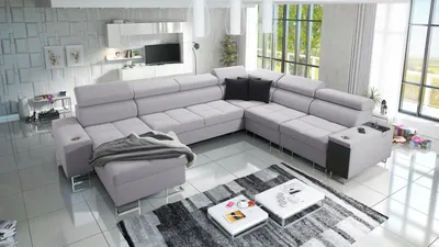 Produktbild von Riesensofa XXL Sofa Wohnzimmer Couch MOREN VIII Big Sofa Ecksofa Ottomane Links Eckcouch mit Schlaffunktion Grau Stoff SAWANA 84