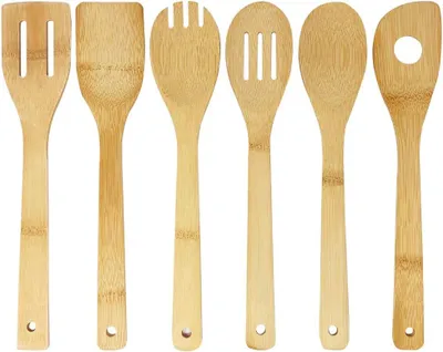Obrázek produktu pro Kuchyňské náčiní z bambusu | 6dílná dřevěná sada: lžíce, obracečka, vidlička, naběračka