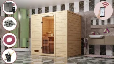 Produktbild von Karibu Sauna Innensauna Heimsauna MILA 3 Sparset 196x146 cm inkl. 9kw Ofen mit HUUM Wifi (App fähig) Steuerung