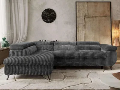 Produktbild von Couch mit Schlaffunktion L-form Ecksofa Wohnzimmersofa mit Einstellbare Kopfstützen - PABLO L - Cord - Dunkelgrau - Links