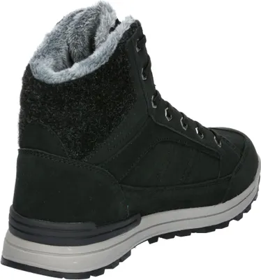 A single black winter boot shown from the side and slightly from the back against a white background.