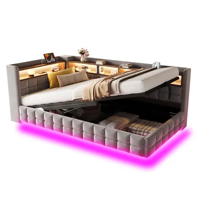 Produktbild von Merax Polsterbett Schlafsofa 90x200cm mit LED-Beleuchtung, Tagesbett mit Hydraulischer Stauraum und Holzregal,USB-Ladeanschlüsse,Samtstoff,Hellgrau