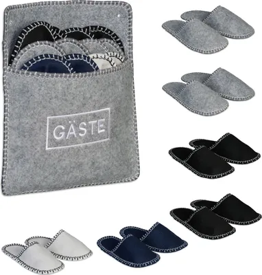 Obrázok produktu pre Relaxdays domáce papuče, 6 párov, sada papúč s taškou, veľkosti 36–45, plstené papuče, protiskluzová podrážka, viacfarebné