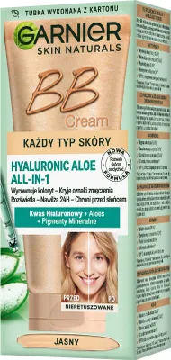 A product box for Garnier BB Cream with a split image of a woman's face showing before and after application.