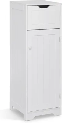 Obrázok produktu pre Malá biela kúpeľňová skrinka s zásuvkou a dvierkami, 2 vnútorné poličky, materiál: MDF, rozmer: 32 x 30 x 87 cm