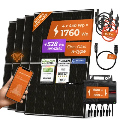 Produktbild von Solarway® 1760W Balkonkraftwerk 1800W komplett Steckdose - neuester 1800 Watt Wechselrichter - Solaranlage Komplettset - 440W bifaziale Solarmodule