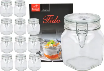 Produktbild von 12er Set Einmachglas Bügelverschluss Original Fido 0,75L Vorratsgläser incl. Bormioli Rezeptheft