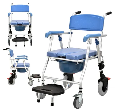 Produktbild von Dusch-WC-Stuhl mit Rollen, 3-in-1 Multifunktionaler Toilettenstuhl und Duschstuhl klappbar mit Urineimer, fahrbarer WC-Stuhl für ältere und behinderte Personen, Tragfähigkeit 150 kg