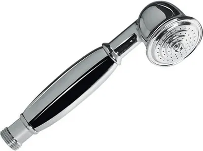 A chrome-plated hand shower head with a decorative handle, shown against a white background.