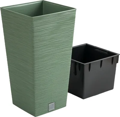 A green planter and a black insert are shown against a white background.