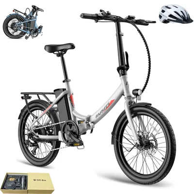 A silver electric bicycle is shown against a white background, with a helmet and a gift box in the lower left corner.