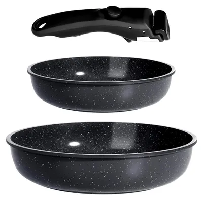 Produktbild von Keramik Pfannenset mit Abnehmbarem Griff, 3-teilig, Antihaftbeschichtet, Induktionsgeeignet, Backofenfest, für Alle Herdarten, PTFE/PFOA/PFOS-frei, Schwarz